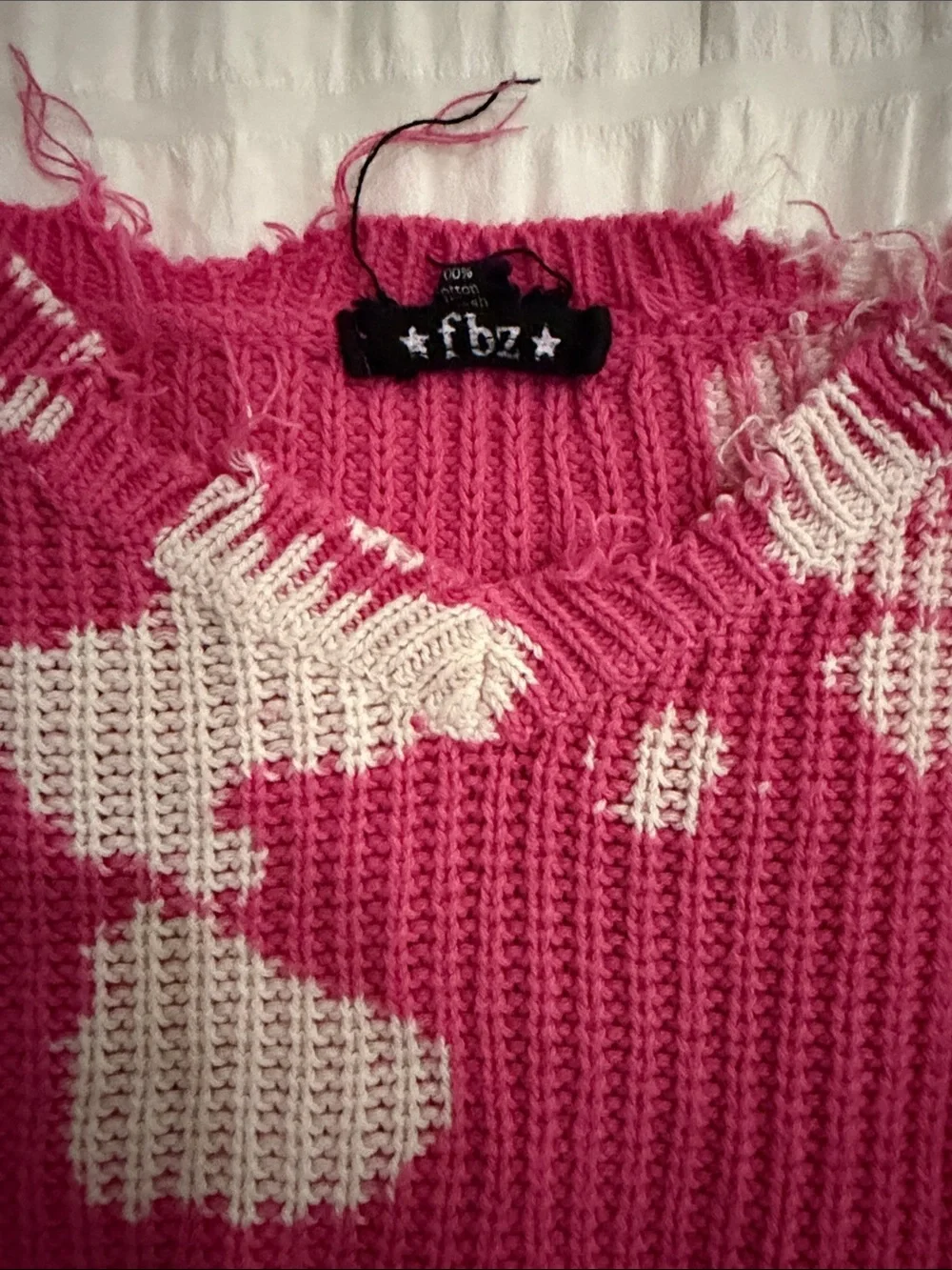 Flowers by Zoe Pink & Cream Distressed Knit Crew Sweater